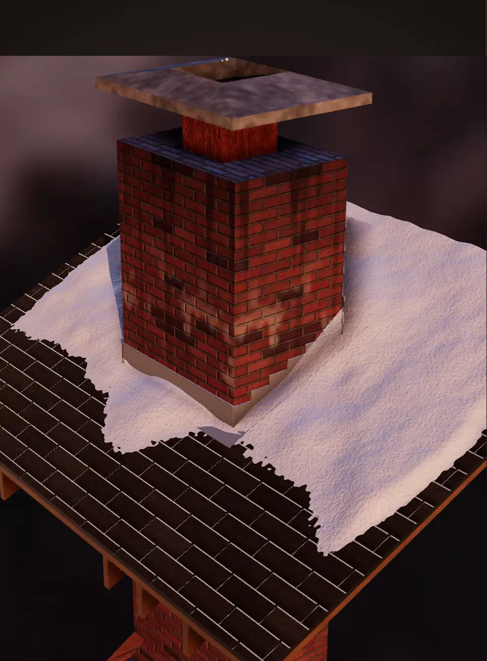An illustration of a chimney rising through a snow-covered roof