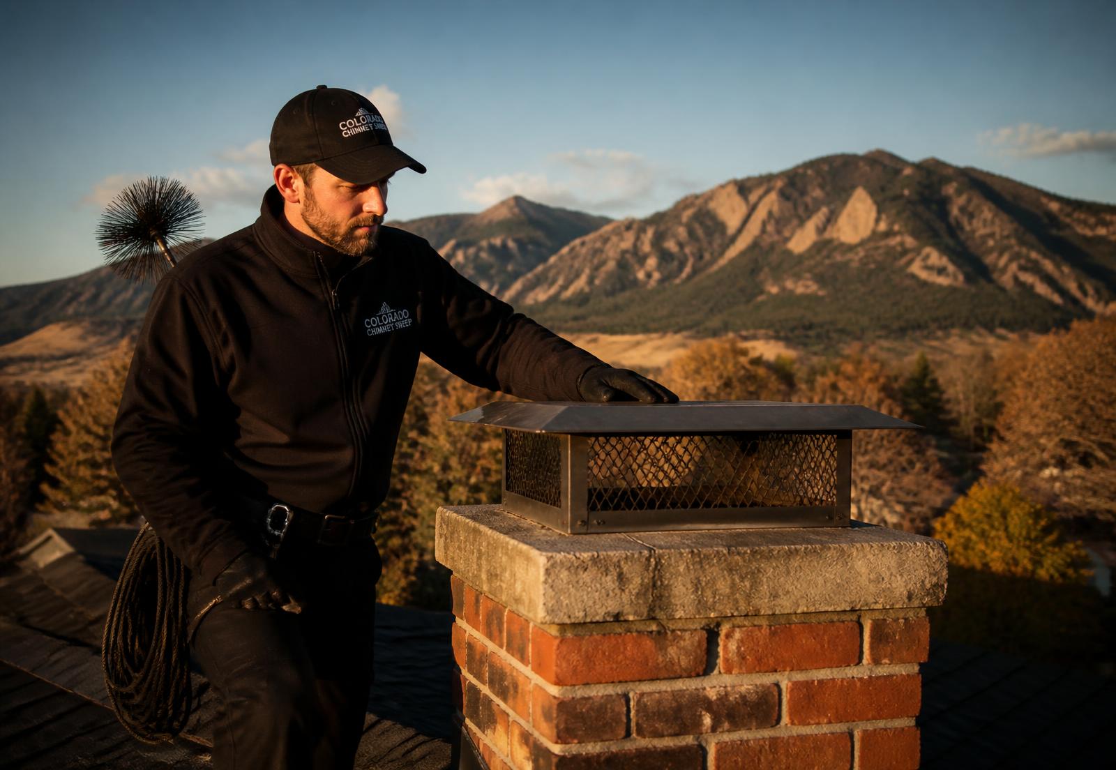 Certified technician inspecting a brick chimney on a Littleton, Colorado rooftop