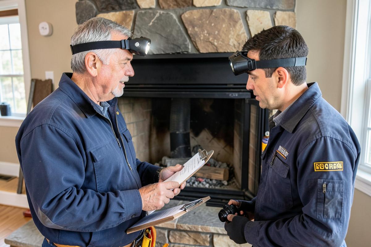 Technicians reviewing a chimney inspection checklist by a fireplace