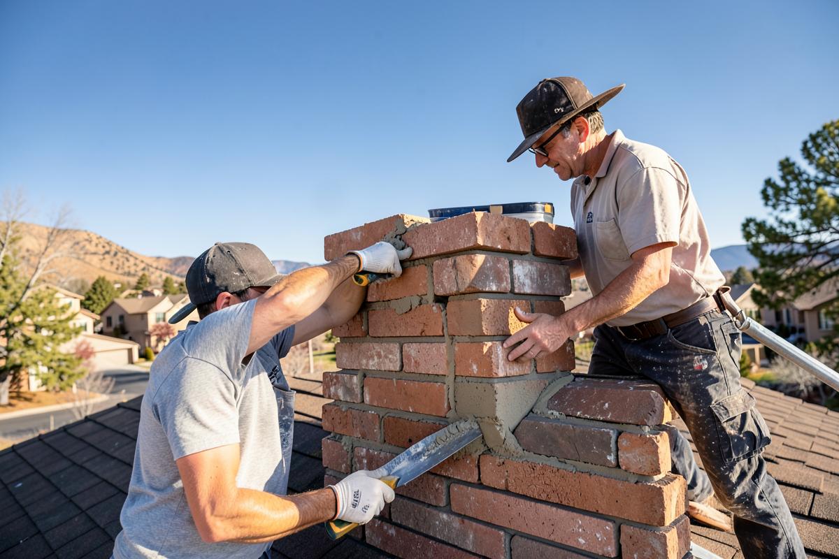 Masons rebuilding a brick chimney crown on a Littleton rooftop